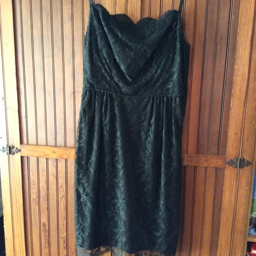 Black lace scalloped neck line evening dress